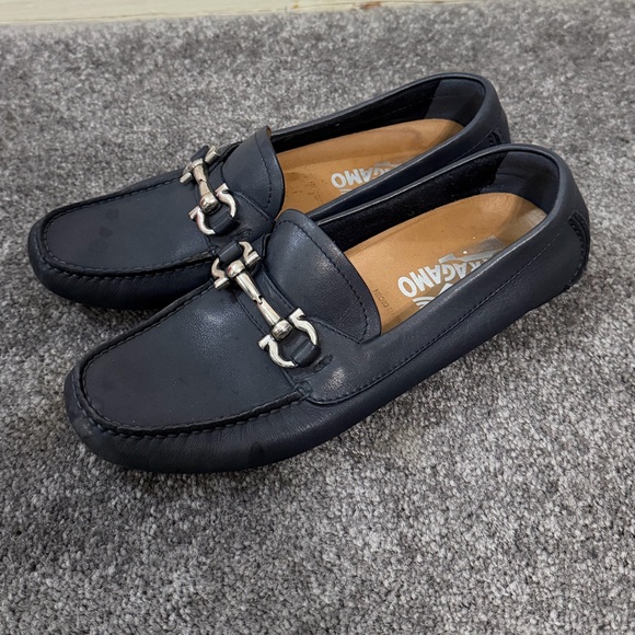 Ferragamo Navy Blue Leather Loafers